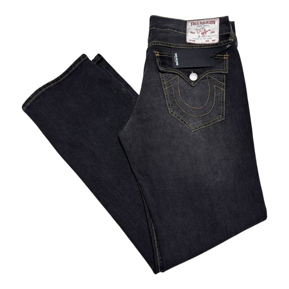 NWT True Religion Ricky SN Flap Relaxed Straight Black Jean‎ Pants Men's 36x34